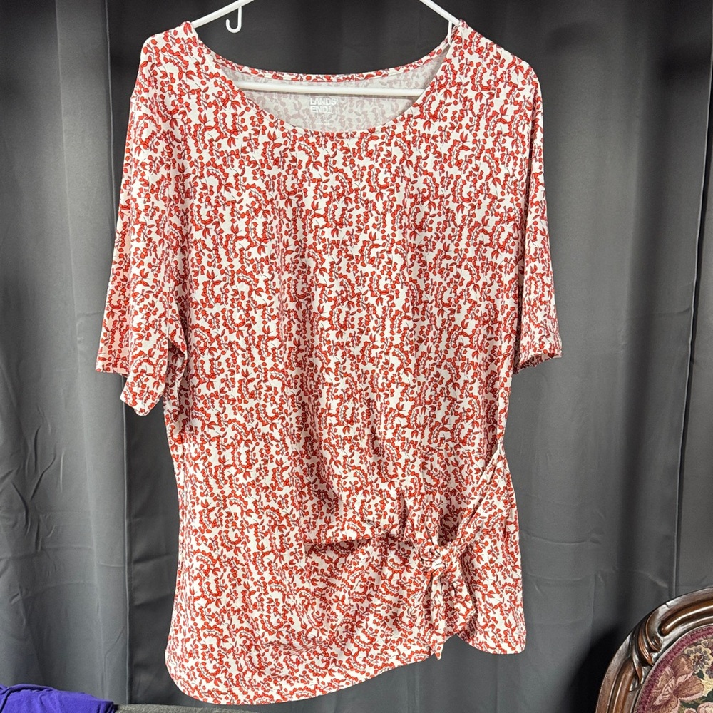 Lands' End Red and White Abstract Blouse